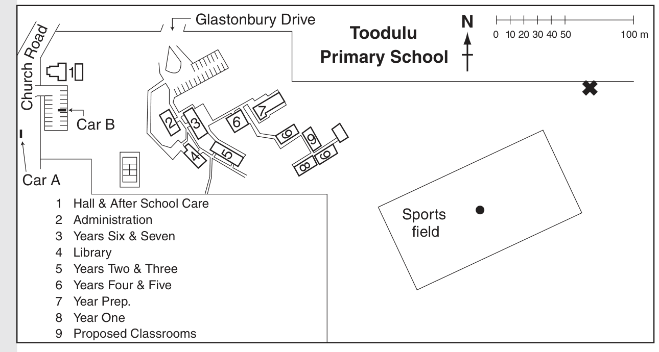 ACER ISA sample map question: Toodulu Primary School treasure hunt