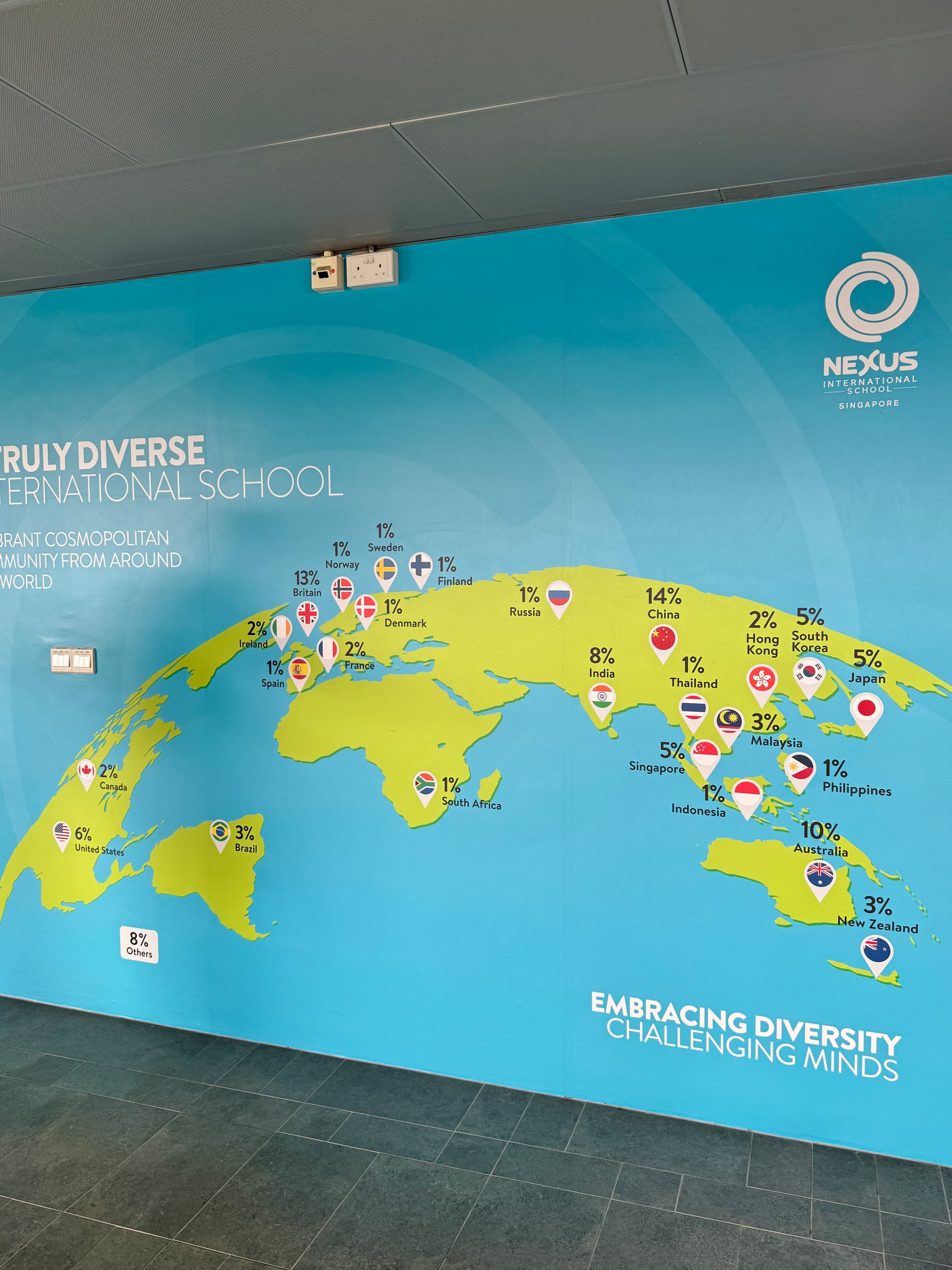 Nexus world map wall showing the nationalities represented across the student body