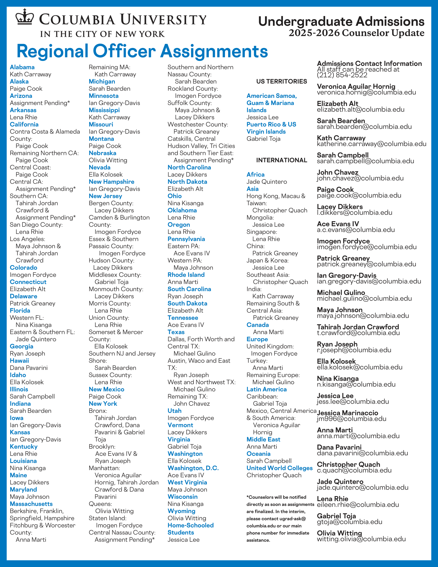 Columbia University 2025-26 regional admissions officer roster showing officer names and assigned territories