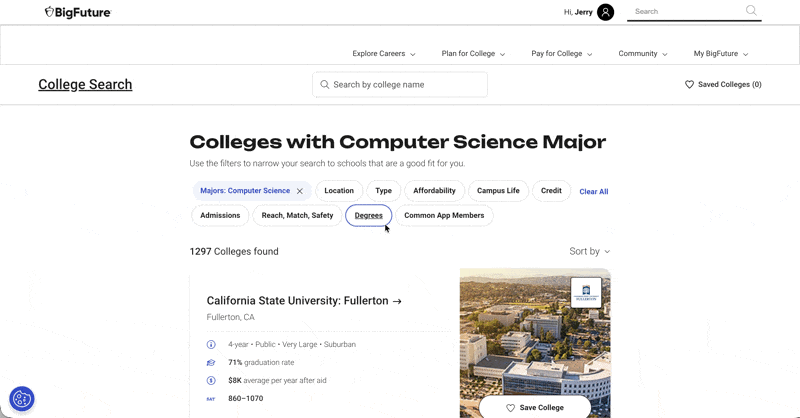 BigFuture大学搜索按计算机科学专业筛选结果