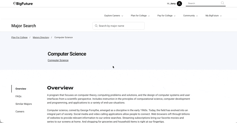 BigFuture计算机科学专业页面,包含FAQ、细分方向和职业卡片